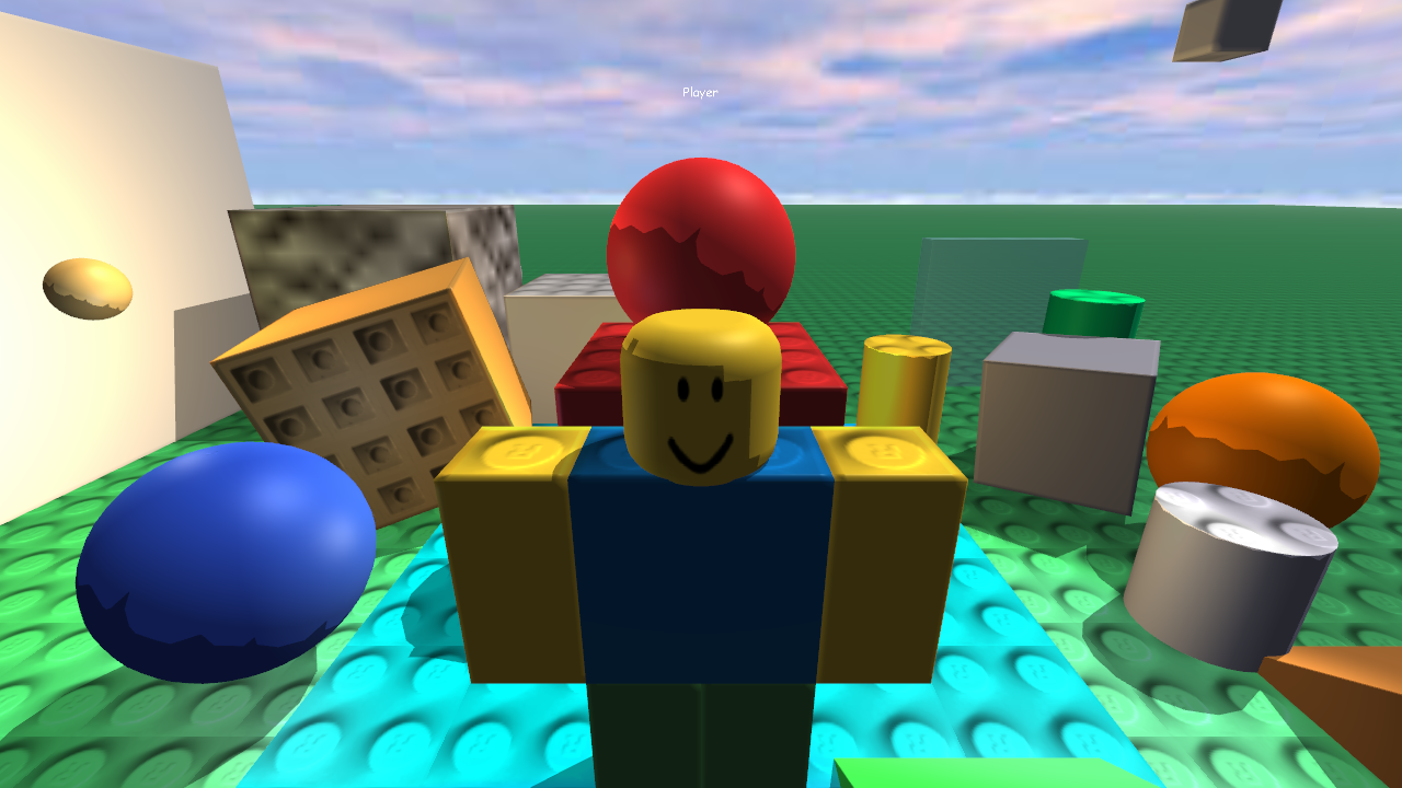A TPBlox character surrounded by colorful studded bricks